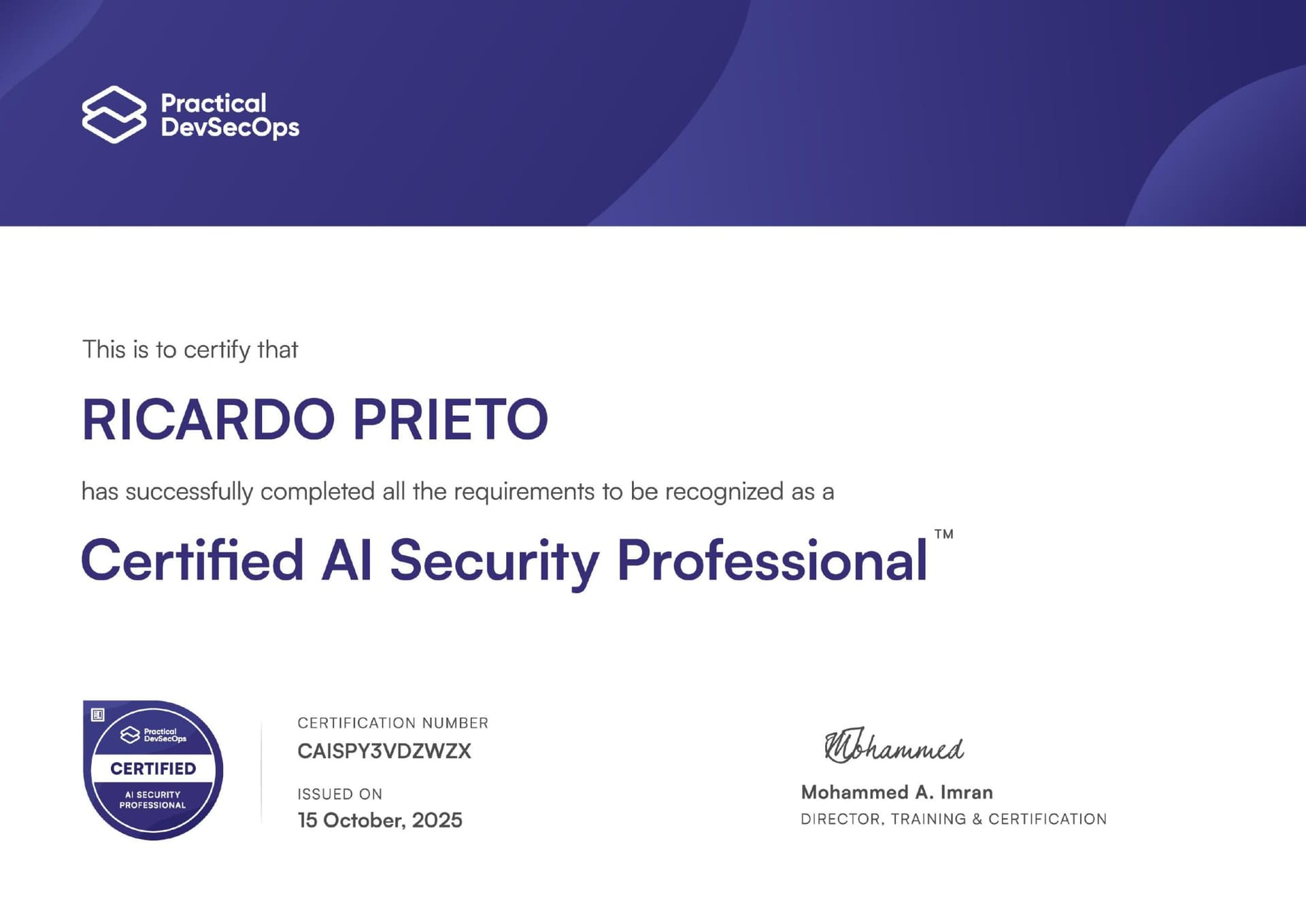 Certified AI Security Professional by The Practical DevSecOps