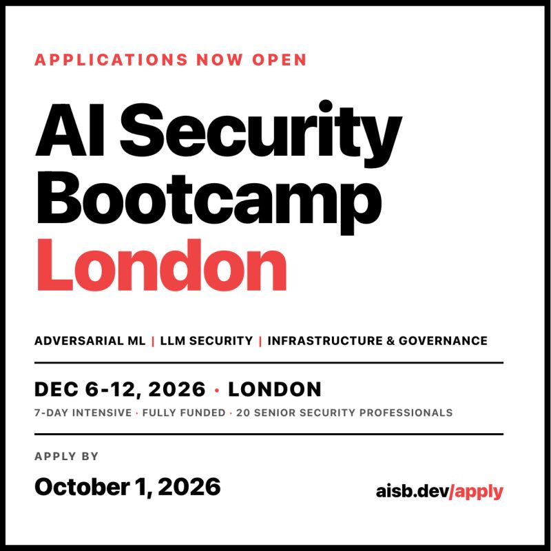 Afiche oficial de la cohorte de diciembre de 2026 del AI Security Bootcamp en Londres